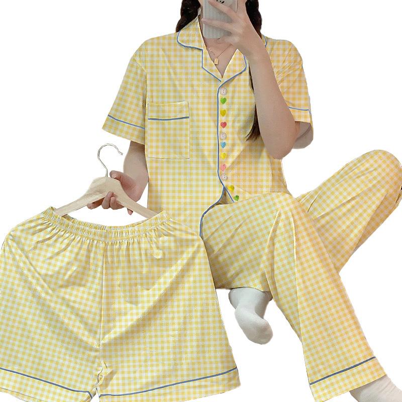 Cute Plaid Love Embroidered Pajamas Women'S Spring Summer Short-Sleeved Three-Piece Student Loungewear