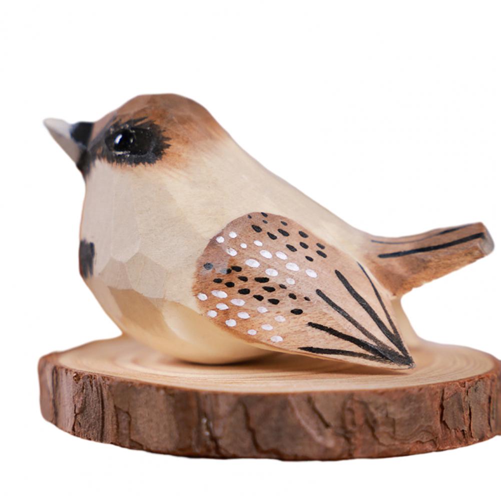 Colorful Fly Bird Sparrow Small Statue Figurine Ornament with Wood Base Art Bird Carving Decor Feather Animal Model Desktop