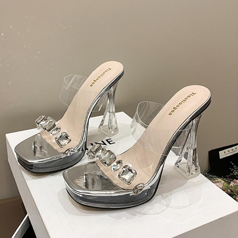French rhinestone platform sandals women's thick heel waterproof table crystal transparent high heels one word with high heel cool slippers
