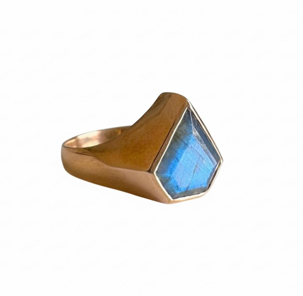 Blue Labradorite Ring, 925 Solid Sterling Silver, Diamond Cut Signet Ring, Pure Copper Unisex Jewelry