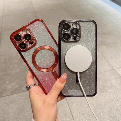 Suitable for IPhone16 Electroplated Magnetic Phone Case with Gradient 15proMax Glitter and Apple 14 Lens Film Protective Case