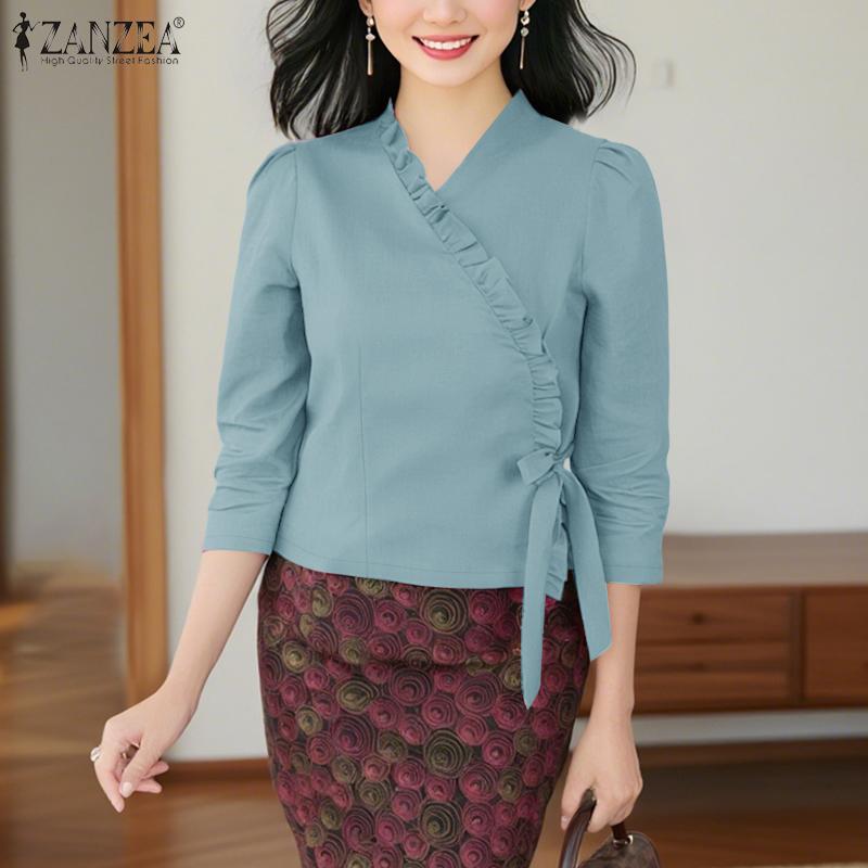 ZANZEA Blusa Casual de Verano para Mujer con Cuello en V y Manga 3/4 de Color Sólido