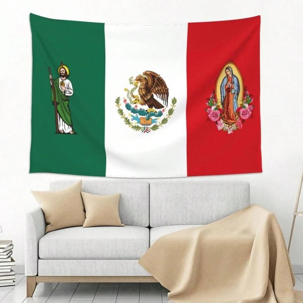 1pc Mexican Flag with St Jude  Our Lady of Guadalupe Tapestry Polyester 2D Flat Wall Hanging for Bedroom Living Room Religious