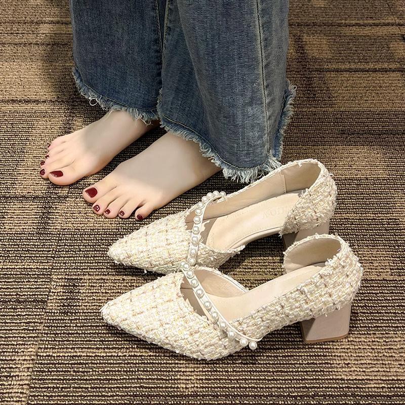 Pointed single shoes women's thick heel spring 2025 new pearl versatile shallow mouth gentle fairy wind side empty high heels