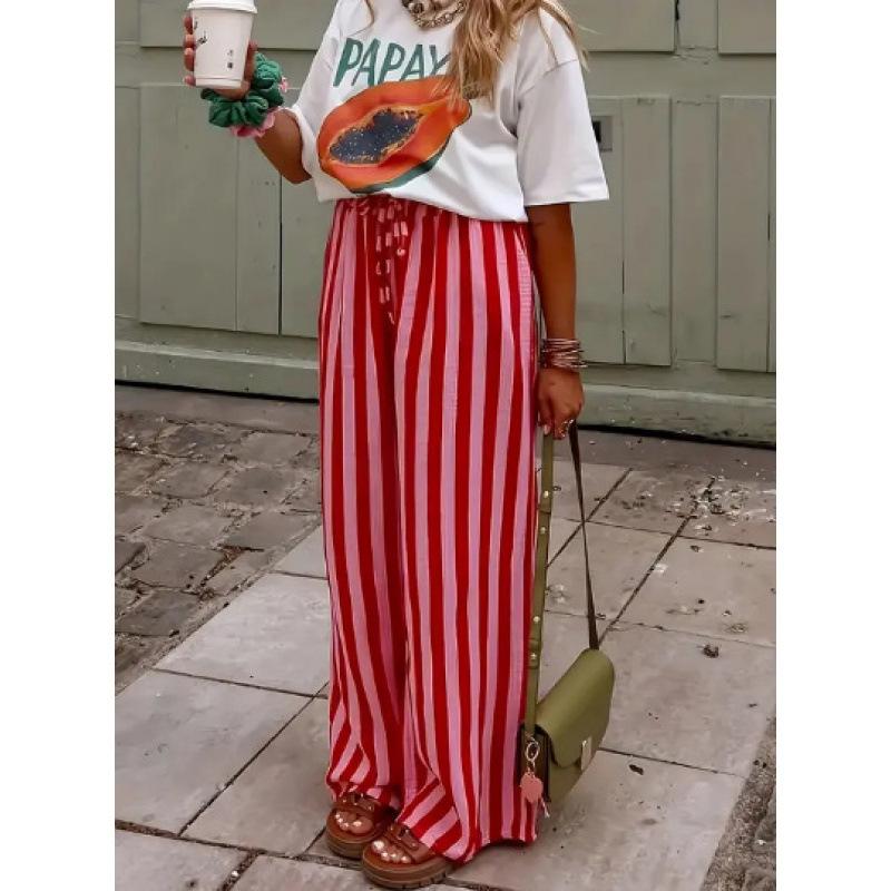 Womens Casual Loose Striped Print Straight Leg Long Pants Spring Summer S