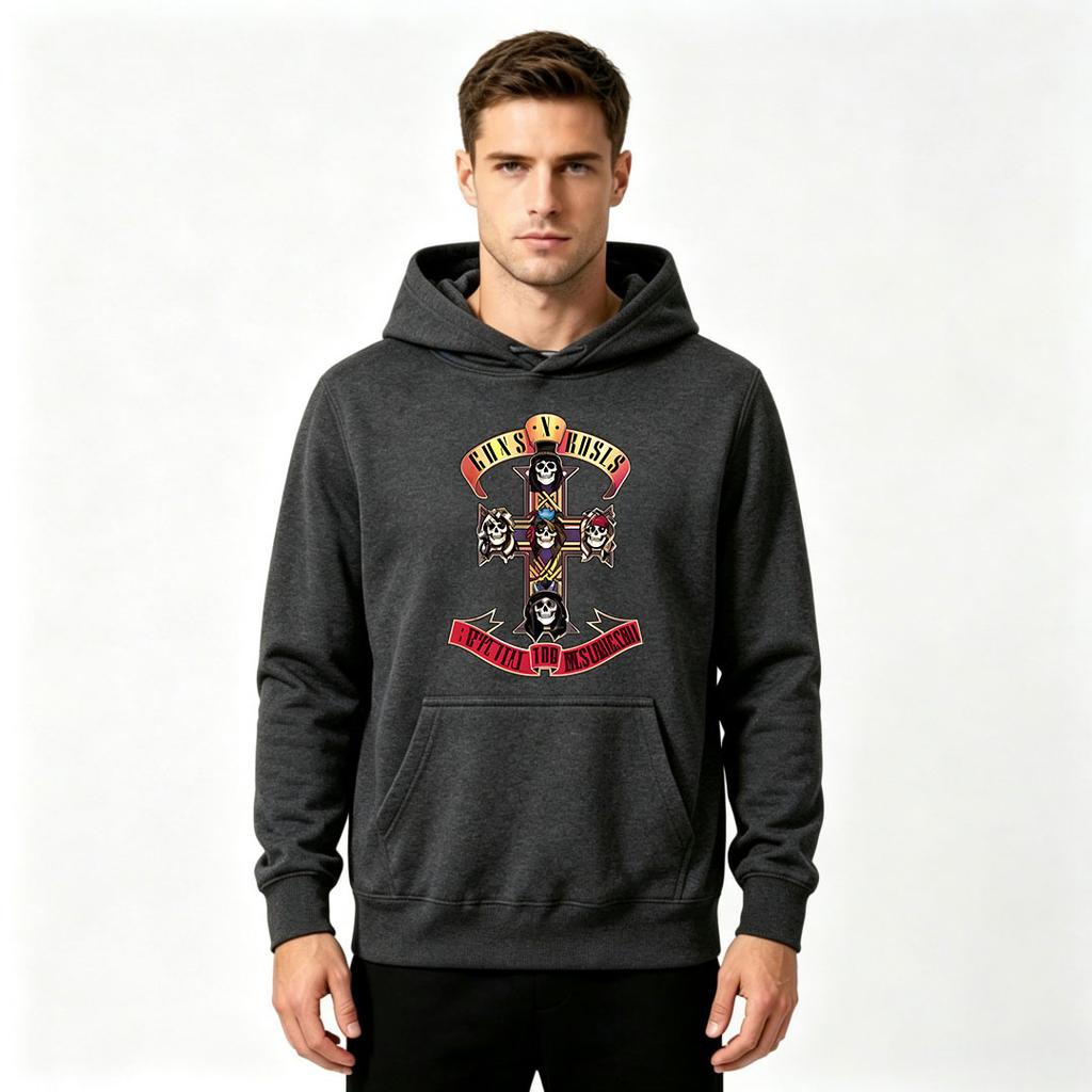 Men Adults DTF Print Hoodie, Vintage Rock Skeleton Cross Pattern Long Sleeve Pullover Hooded Sweatshirt Hip Hop Streetwear Loose Casual Tops