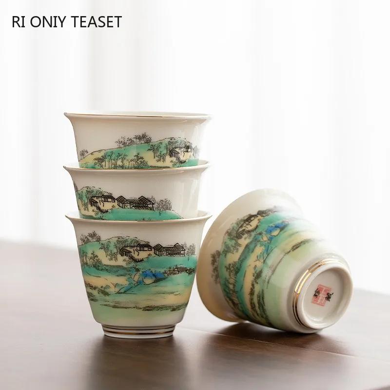 1 Pc Chinese Ceramic Teacup Meditation Cup Handmade Landscape Pattern Tea Bowl Porcelain Tea Cup Household Tea Set Accessories