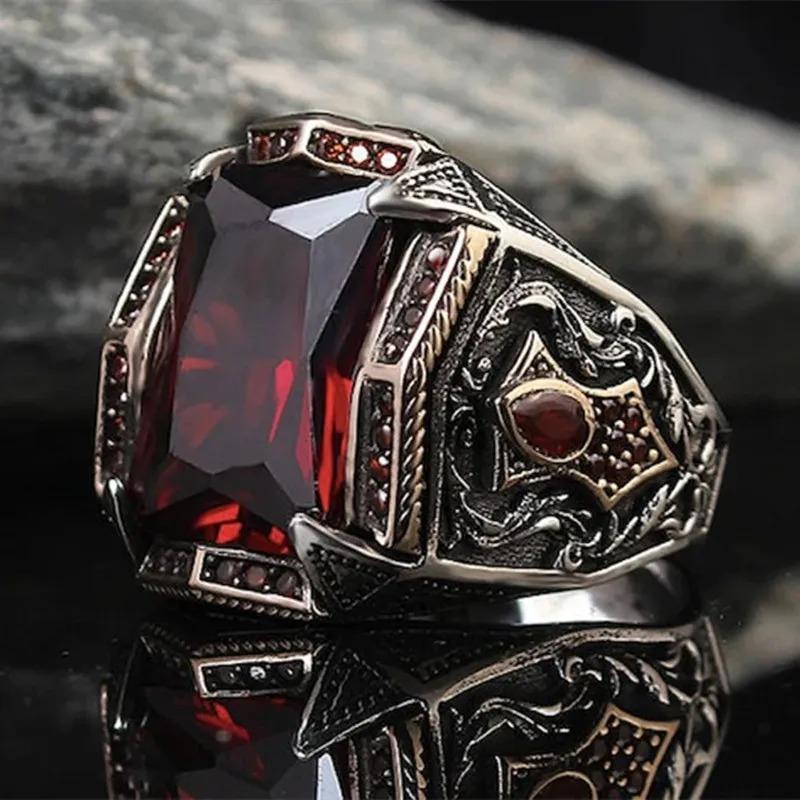 Anelli Uomo Fatti a Mano Turchi Retrò con Intaglio Vintage Zirconi Rossi/Blu/Arcobaleno Anelli Rock Punk Gioielli da Matrimonio Islamici Musulmani