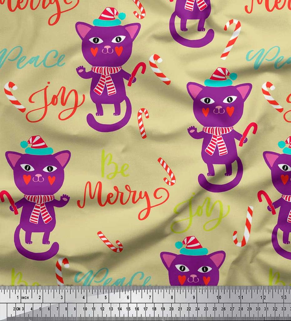 Soimoi Beige Japan Crepe Satin Fabric Text & Cat Kids Print Sewing Fabric metre 42 Inch