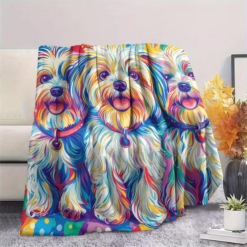Colorful Maltese dog,pattern Flannel Blanket, High quality Comfortable for All Seasons, Home Decor, Warmth and Comfort, Perfect for Gifts.