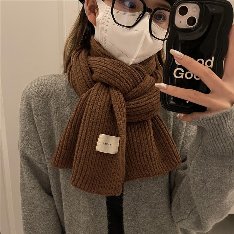 

Korean Style Autumn and Winter Soft Knitted Wool Scarf for Women Versatile and Warm Solid Color Scarf for Students Thickened Coffee Color for Couples Q9785QQ-160*25cm
