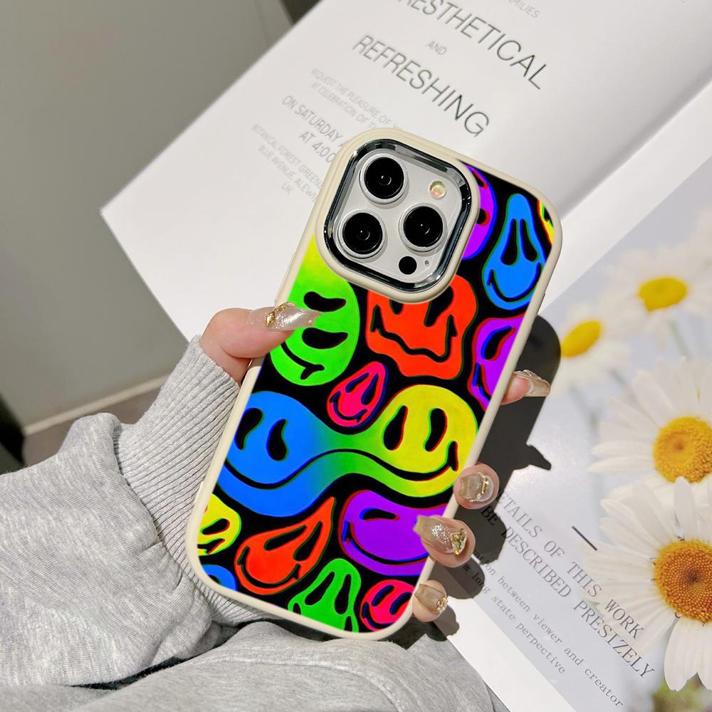 Ae88 Lovely Smiley Art Phone Cases for Samsung A13 A32 A53 A04e A54 S23 S24 Ultra Infinix Hot 40i Huawei P30 Pro Metal Camera Protective Back Cover