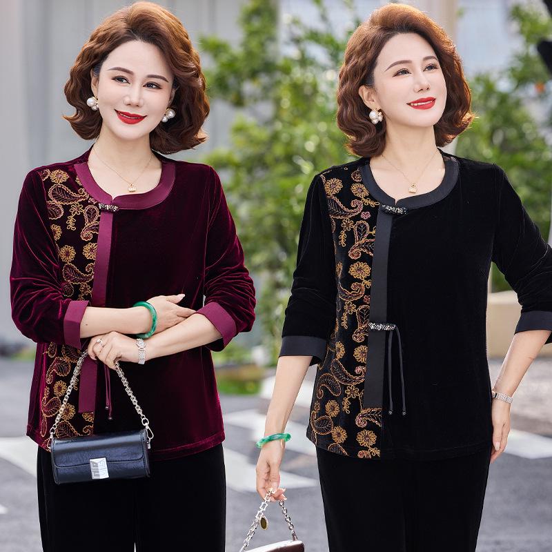Elegant Gold Velvet Long-Sleeve Top for Middle-Aged and Elderly Women - Spring/Autumn 2026 Collection