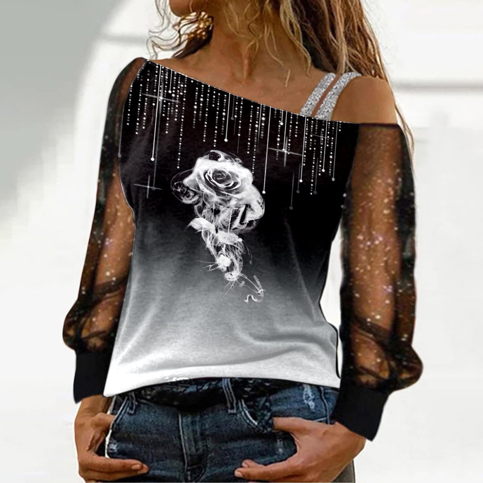 

Топ с принтом и открытыми плечами, свободная сетчатая футболка на одно плечо с блестками, повседневный топ с длинными рукавами, топ без бретелек L белый