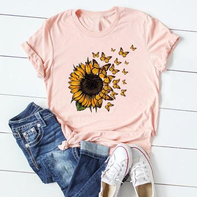 (Asian Size)Tee Top Clothing Flower Butterfly Trend Cute Sweet Casual Short Sleeve Women Print Lady Fashion T Shirt Female Graphic T-shirt