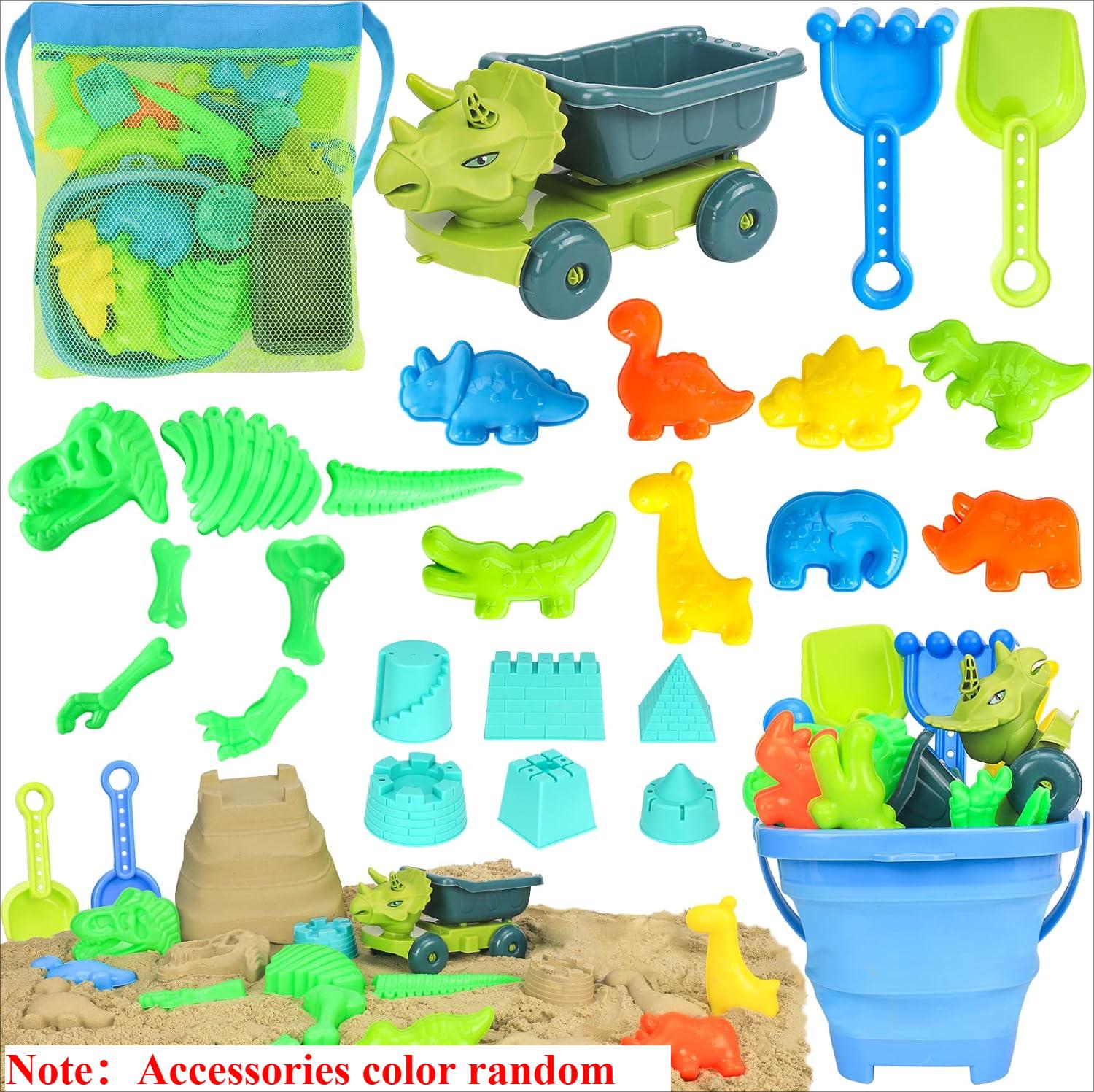 

Beach Toys Dinosaur Sand Toys With Dump Truck Collapsible Bucket Shovel Mesh Bag Animal Sand Molds Castle Sandbox For Toddlers