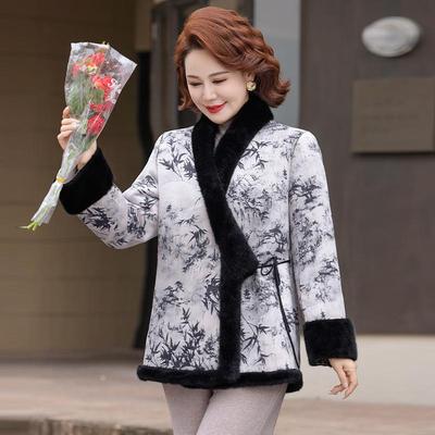 Women's Reversible Ink Print Faux Fur Coat - Winter National Style Overcoat