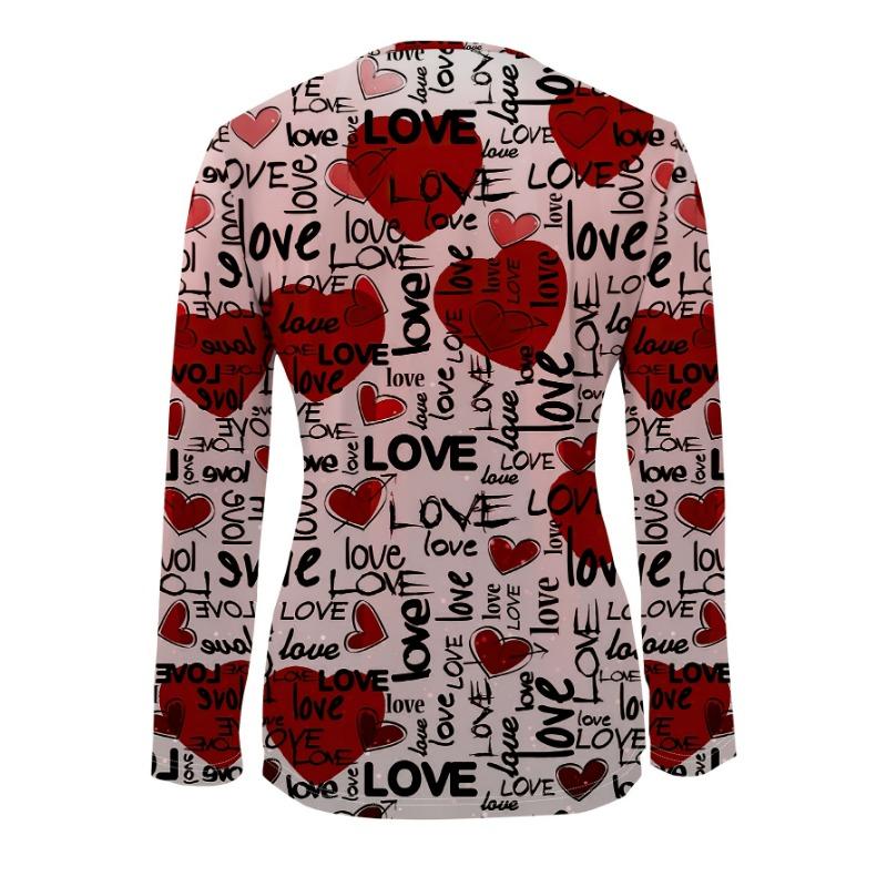 New women's slim-fitting zipper long-sleeved top with red heart LOVE printed all over, fashionable and versatile for commuting and daily travel wear