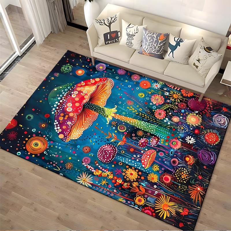 Colorful Mushroom and Floral Carpet, Psychedelic Art Style Design Suitable for use as an anti-slip for living room bedroom sofas