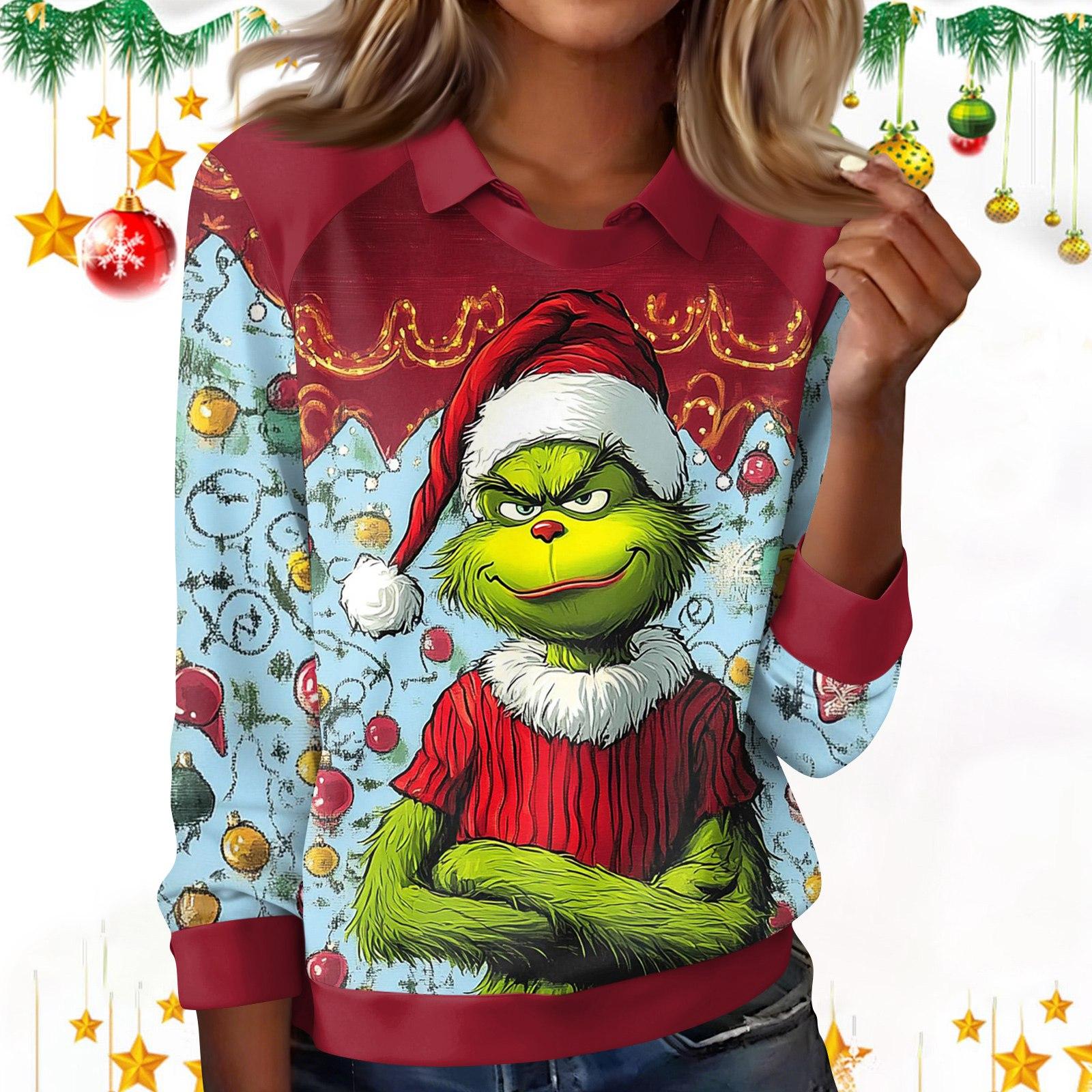 

Женская модная футболка с рождественским принтом, лацканами и длинными рукавами, повседневный топ с круглым вырезом M винный