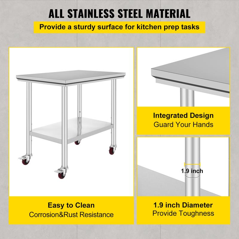 SucceBuy Stainless Steel Kitchen Worktable shelves Commercial Work Bench Table with Caster Wheels for Home Restaurant Storage