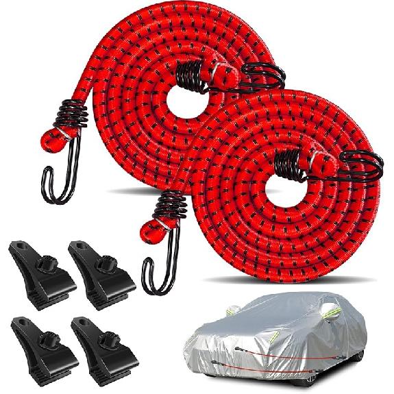 Hlogree 2PCS Car Cover Gust Straps Wind Protector,Bungee Cords Hook Clips Kit Hold Tarp Tie Down from Blowing Off in High Winds-Universal Fit for Car Cover Bungee Cord - R