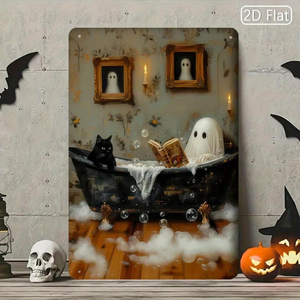 Vintage Gothic Black Cat Bathtub Tin Sign 8x12 2D Flat Cute Halloween Bathroom Decor PreDrilled 1pc 20x30cm(7.8x11.8inch)