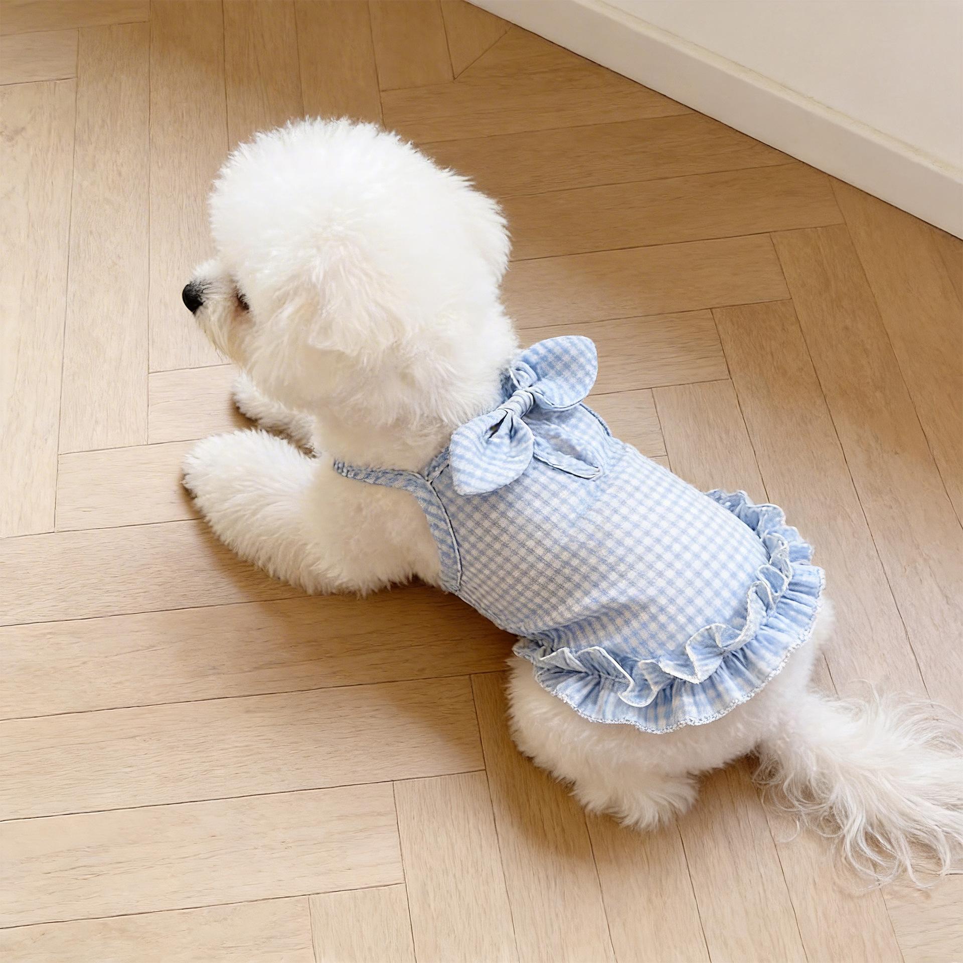 Puppy dog clothes plaid dress, summer thin breathable anti-shedding dress for Teddy, Bichon, and cats, pet clothing S