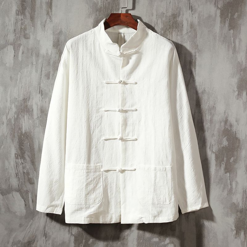 Plus Size Men Cotton Linen Shirt Autumn Spring Men Collarless Long Sleeve Frog Button Loose Blouse Tops Oversized