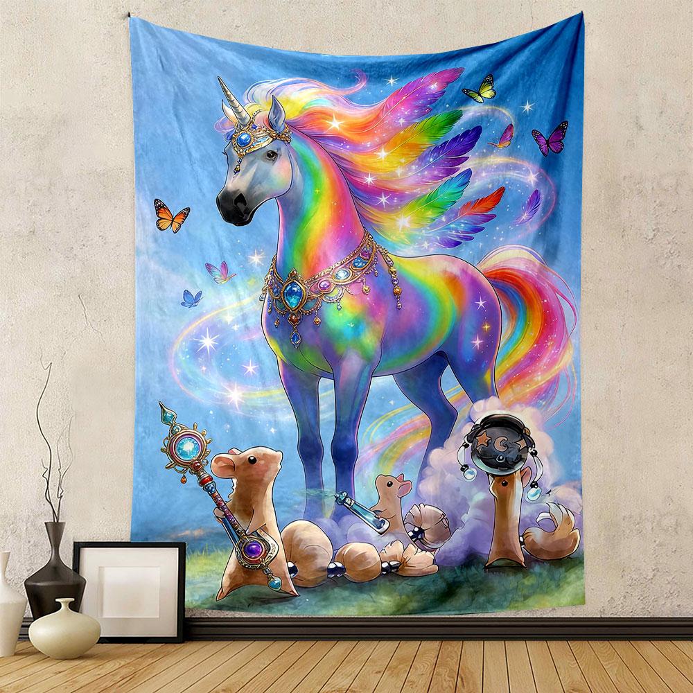 Rainbow Unicorn with Magical Creatures Patterned Tapestry Home Decor, Suitable for Bedroom and Living Room, Gift