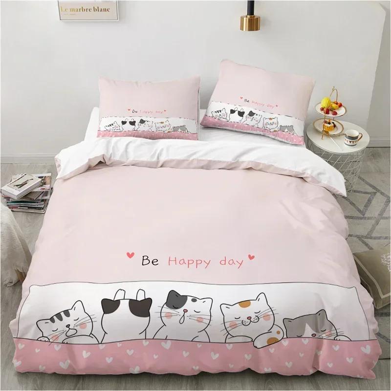Cute Cartoon Animals Pink Toddler Funny Cat Comfortable Duvet Quilt Cover Pillowcase Bedding Set Bedroom Decoration Home Textile