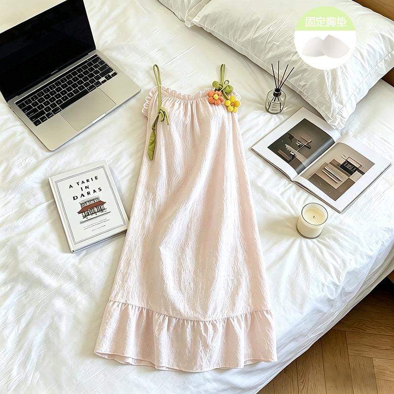 

Flower suspender nightdress solid color pajamas women s cloud cotton with chest pad summer sweet solid color simple casual loungewear XXL