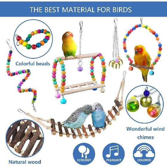 22 Packs Bird Parakeet Cockatiel Toys,Parrot Swing Chewing Hanging Toy with Safe Bells,Bird cage Colorful Climbing Standing Rope Natural Wood Ladder