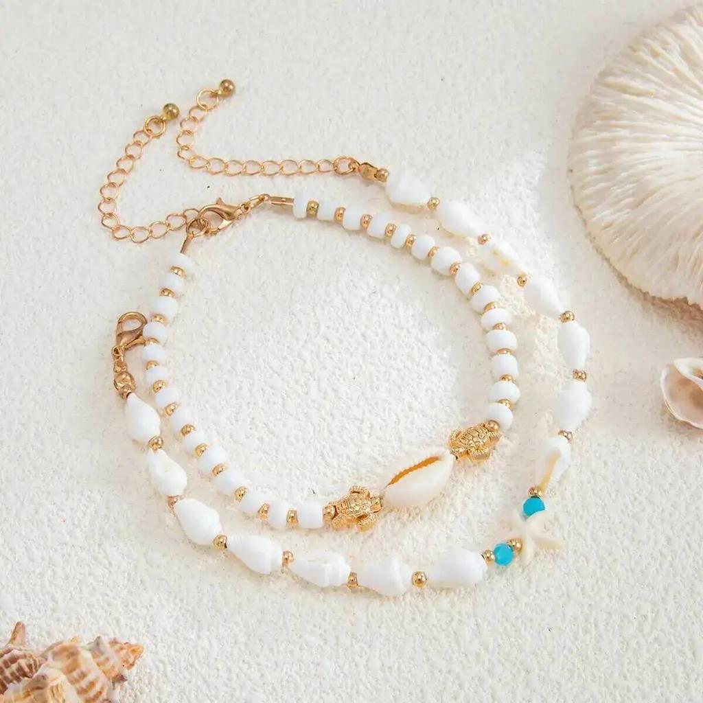 SHIXIN 2Pcs/Set New Bohemia Starfish Conch Anklet Women Vintage Resin Bead Leg Chain Summer Beach Party Barefoot Sandal Jewelry