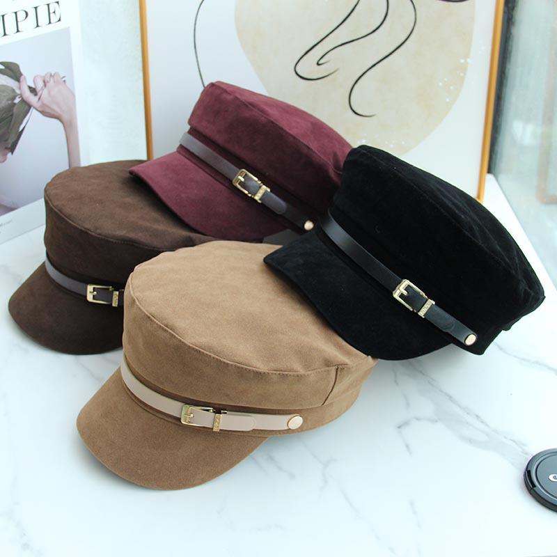Autumn and Winter New Haijun Hat Simple Casual Versatile Flat Top Hat Belt Buckle Fashionable Wide Brim Show Face Small Painter Hat