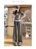 Gray Lace Polka Dot Scimitar Pants: Women's High Waist Drawstring Loose Wide Leg Sports Pants for Spring