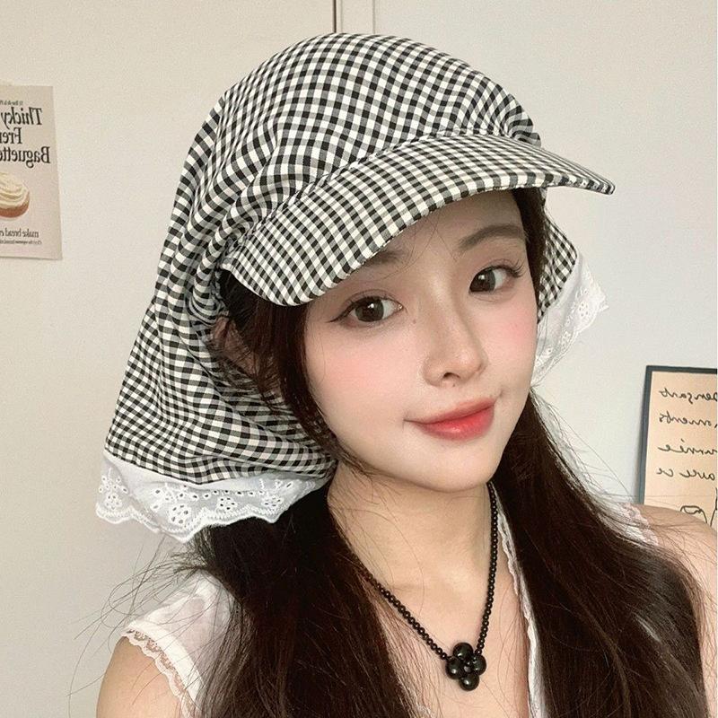 Korean Strap Headscarf Cap Pastoral Triangular Cap Women Summer Sun Protection Plaid Hip Hop Sun Visor