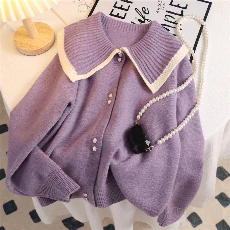 Fragrant Taro Purple Doll Neck Sweater Cardigan Women 2023 Spring New Knitted Coat Loose Long Sleeve Cardigan Sweater Female