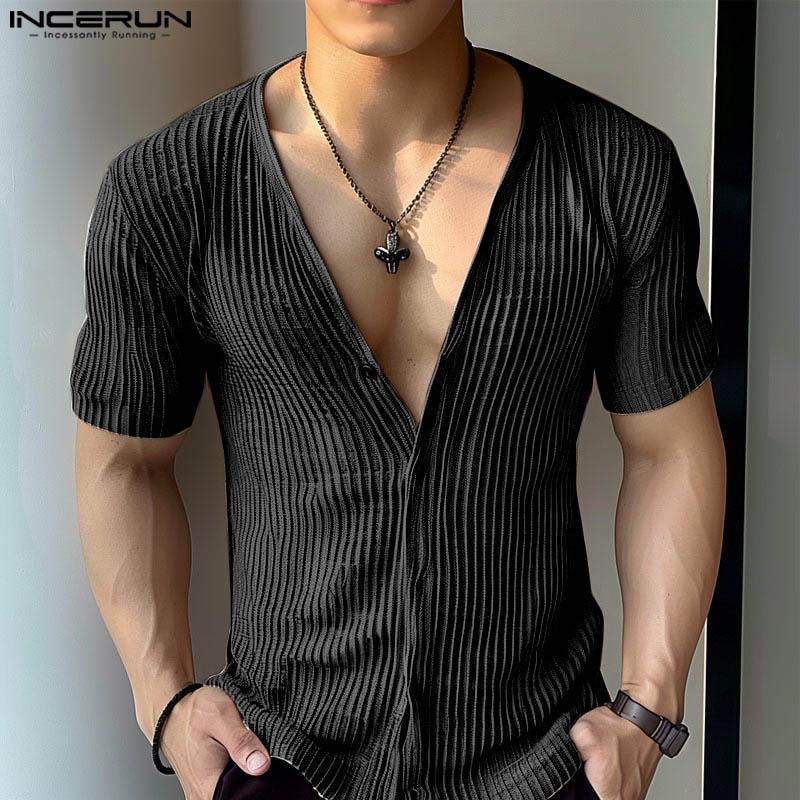 INCERUN Herren Kurzarm Button Up Deep V Neck Textured Tops T-Shirts
