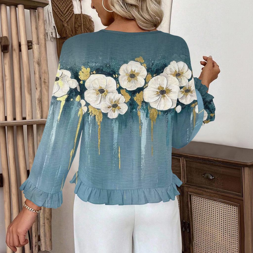 Dámský ležérní módní top s volánky, výstřihem do V, potiskem a dlouhým rukávem