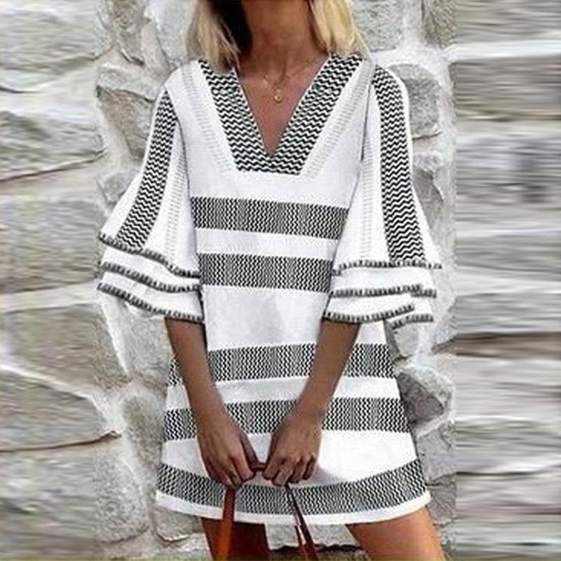 TIFICY Women's Fashion Summer Spring Stripe Print 1/2 Sleeves V-Neck Loose Waistlinet Casual Dresses