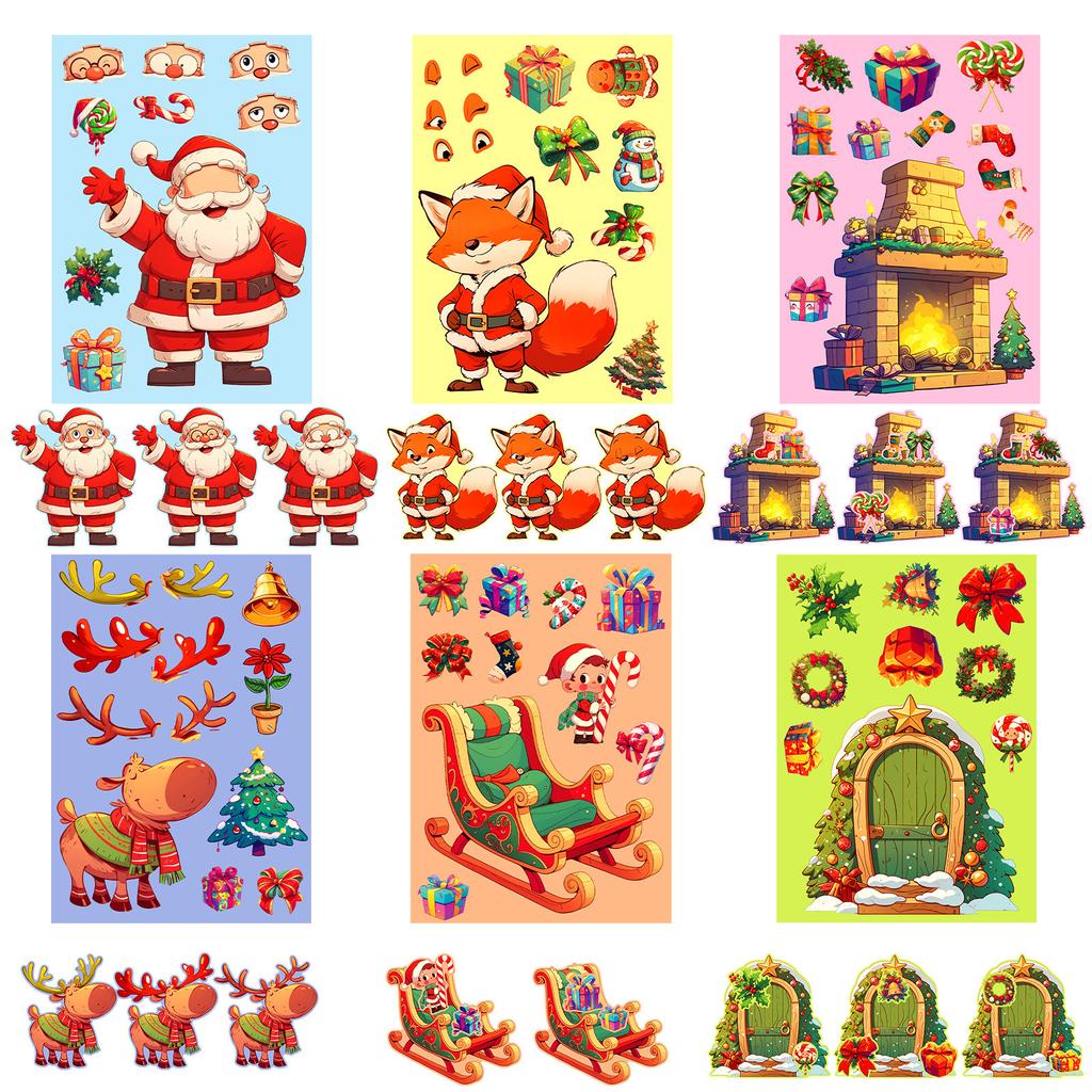 6 Pieces/package DIY Christmas Series Face Change Stickers Fox Expression Packaging Skateboard Cartoon Decoration Graffiti Stickers