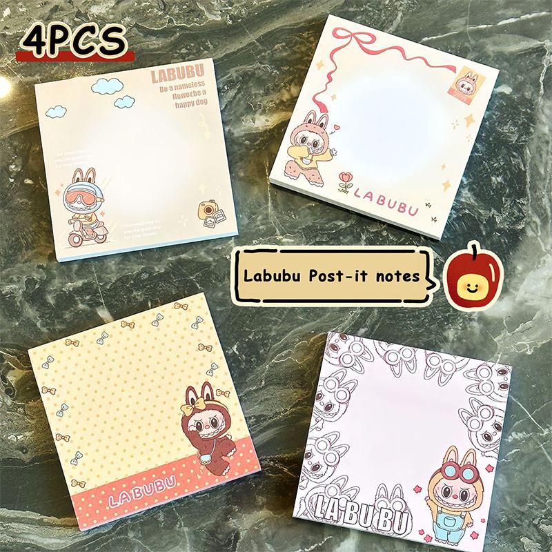 4Pcs Cute Labubu Self Adhesive Sticky Notes Cartoon Kawaii Note Paper Mini Portable Notebook School Supplies Student Stationery