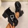 Square Buckle Chunky Heels Pumps for Women  Spring Patent Leather Platform Loafers Woman Black Thick Heeled Jk Lolita Shoes