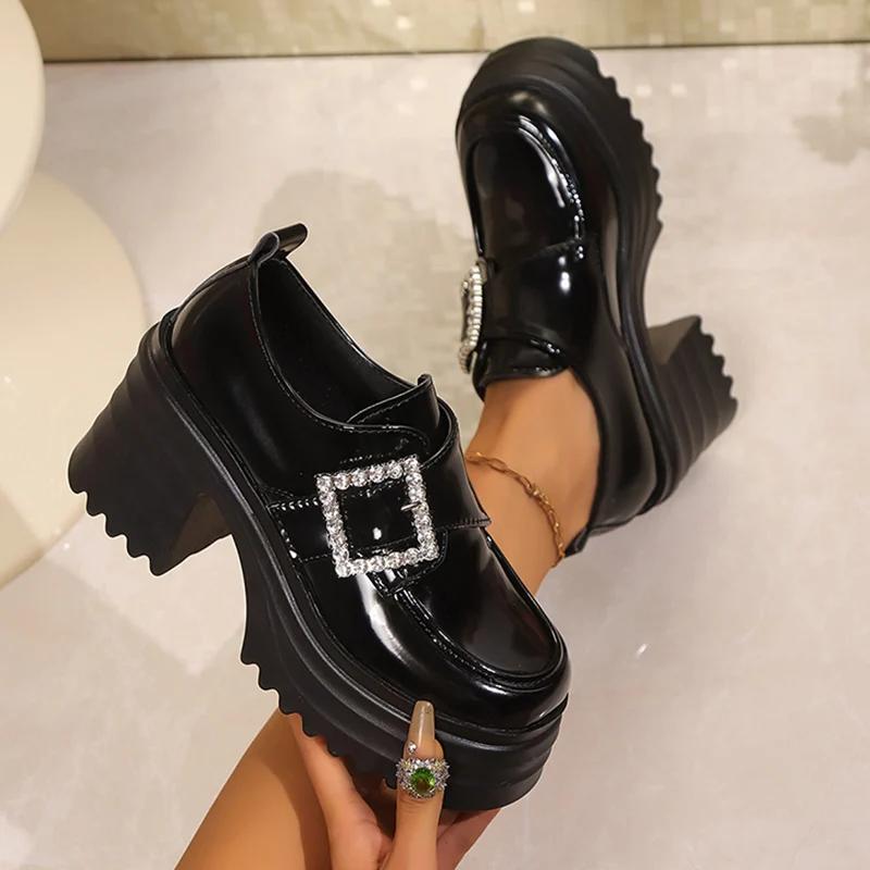Square Buckle Chunky Heels Pumps for Women  Spring Patent Leather Platform Loafers Woman Black Thick Heeled Jk Lolita Shoes