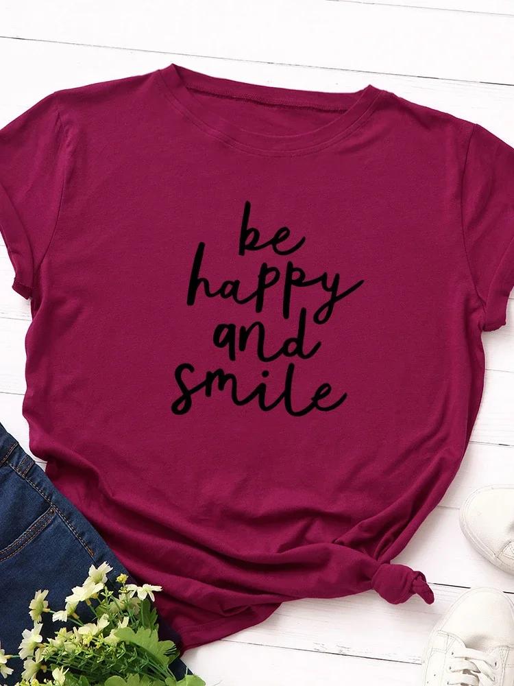 Be Happy Be Smile Letter Print Women T Shirt Short Sleeve O Neck Loose Women Tshirt Ladies Tee Shirt Tops Camisetas Mujer