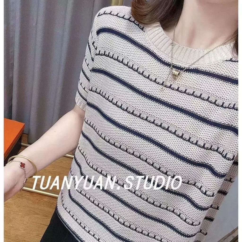 Striped Short Sleeved T-shirt Knitted Sweater Summer Contrasting Retro Loose Versatile Top for Women