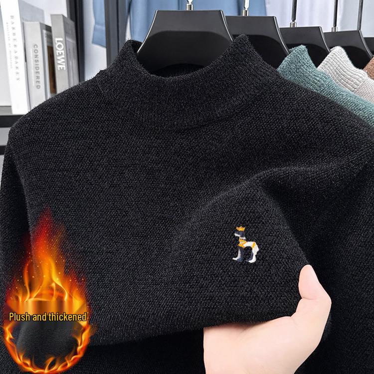 Men's Fleece-Lined Knit Sweater with Half-High Collar and Integrated Fleece Inner Warm Top 