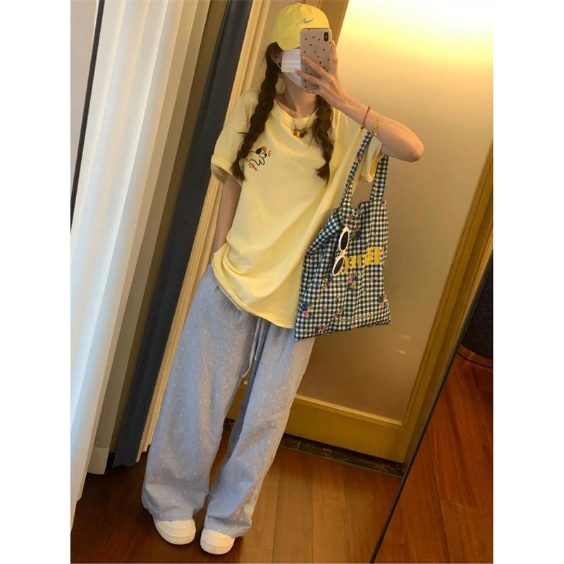 Dopamine Yellow Polka Dot High-Waisted Wide-Leg Pants for Women, Petite, Spring/Autumn 2025, Lightweight, Floor-Length