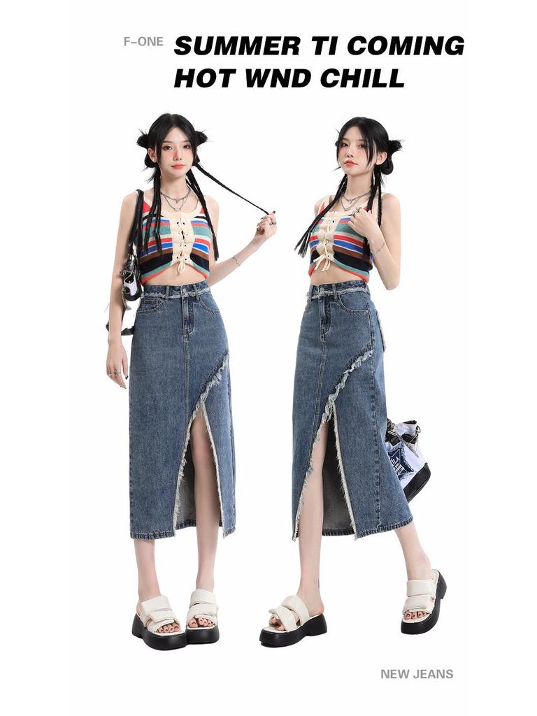 2024 Spring/Summer Women's High-Waist A-Line Denim Midi Skirt with Front Slit and Retro Raw Edge